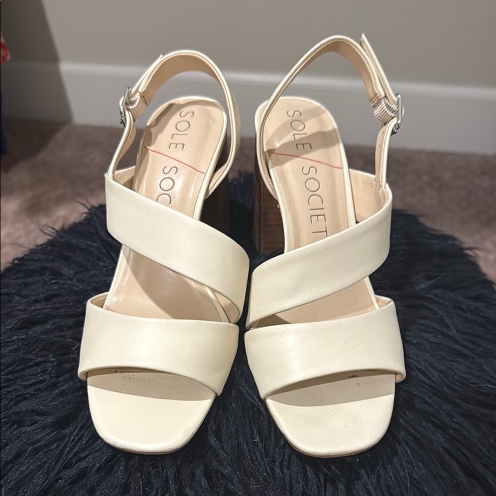 Sole Society Cream Slingback Sandals with Block Heel